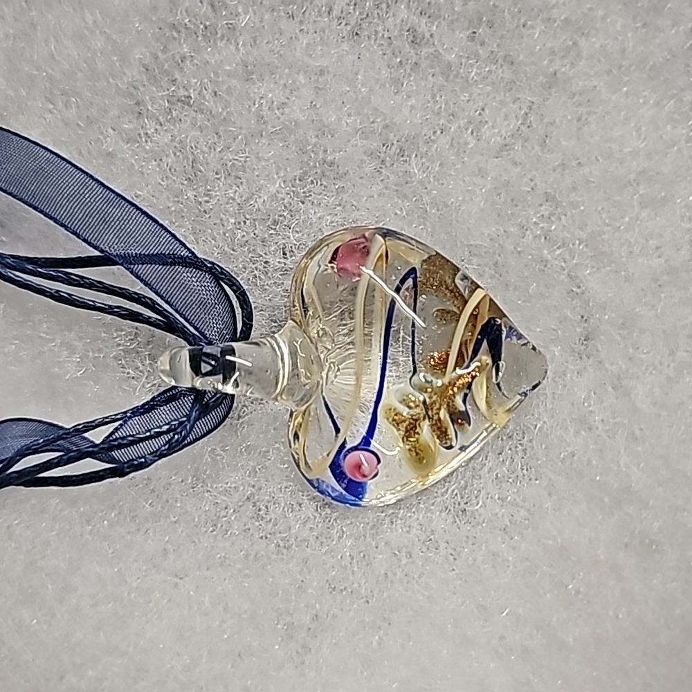Artisan Hand Blown Glass Heart Clear, Pink, Blue, Design New Necklace Pend…